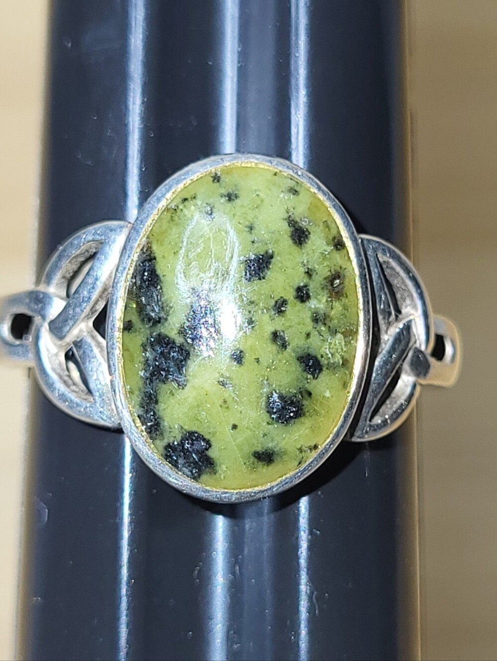 Vintage Celtic 925 Sterling Silver Green and Black Dalmatian Jasper Ring